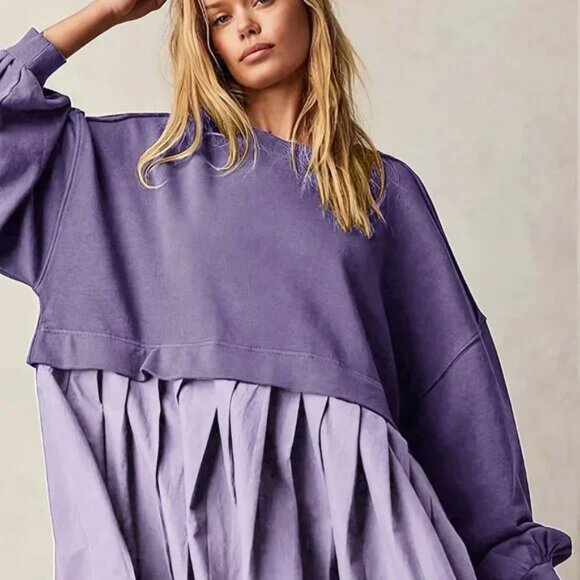 Purple Long Sleeve Pleated Hem Sweater Dress - Picture 5 of 5